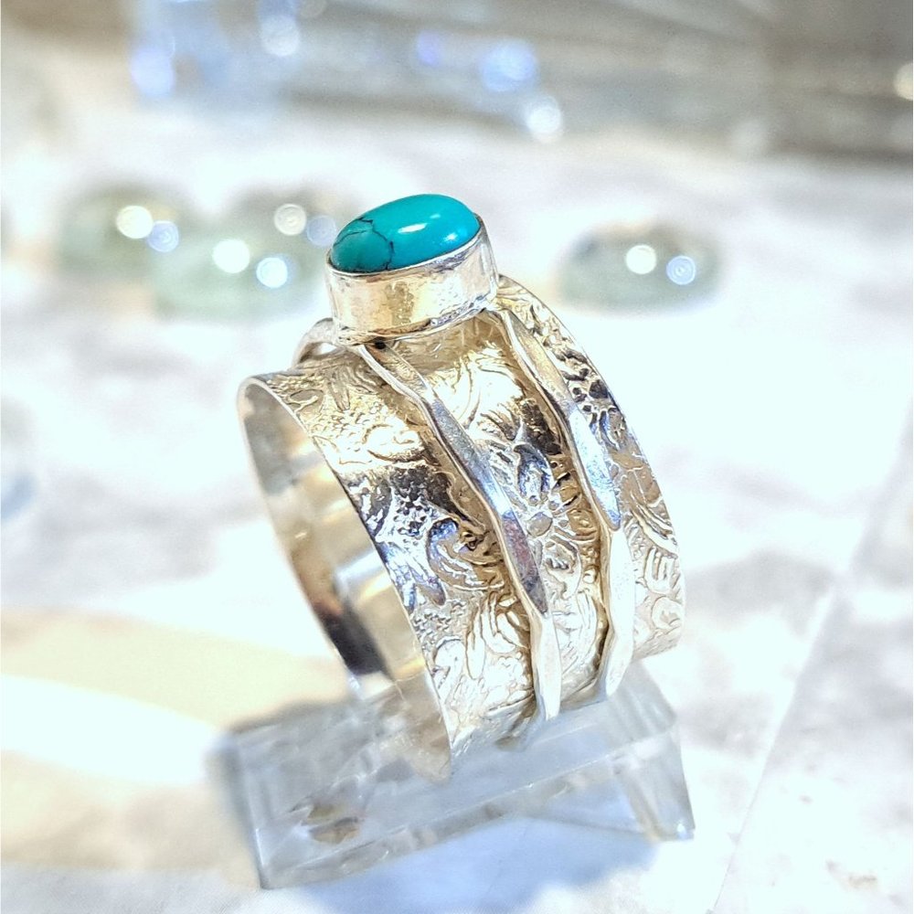 Natural Turquoise Steering Silver Meditation Fidget Spinner Ring - Picture 8 of 13